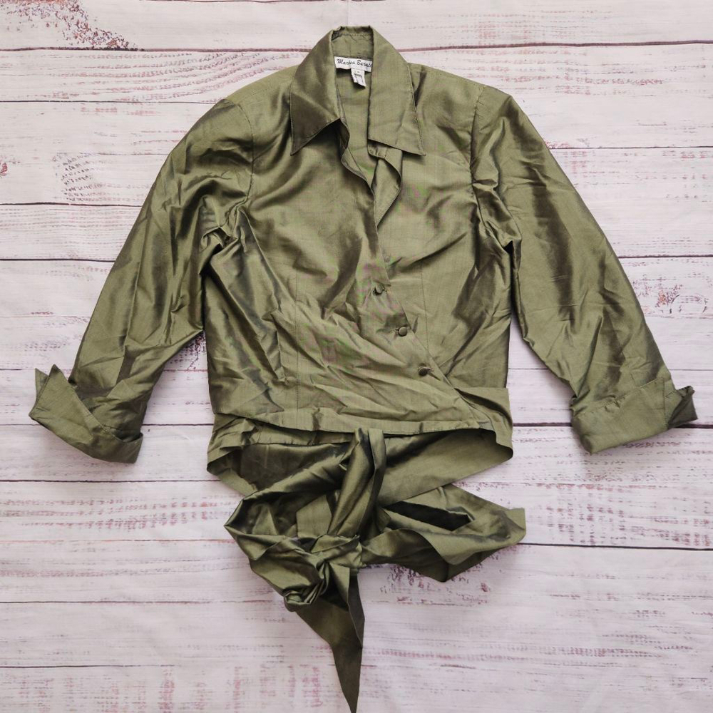 Marisa Baratelli Y2K Vtg Green Silk Wrap Tie Waist V-Neck Blouse Womens Small